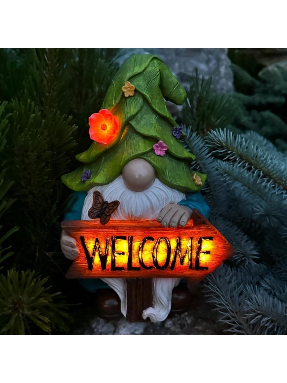 Solar Garden Gnome Figurine with Welcome Sign - 9.1" Outdoor Lawn Decor Statue